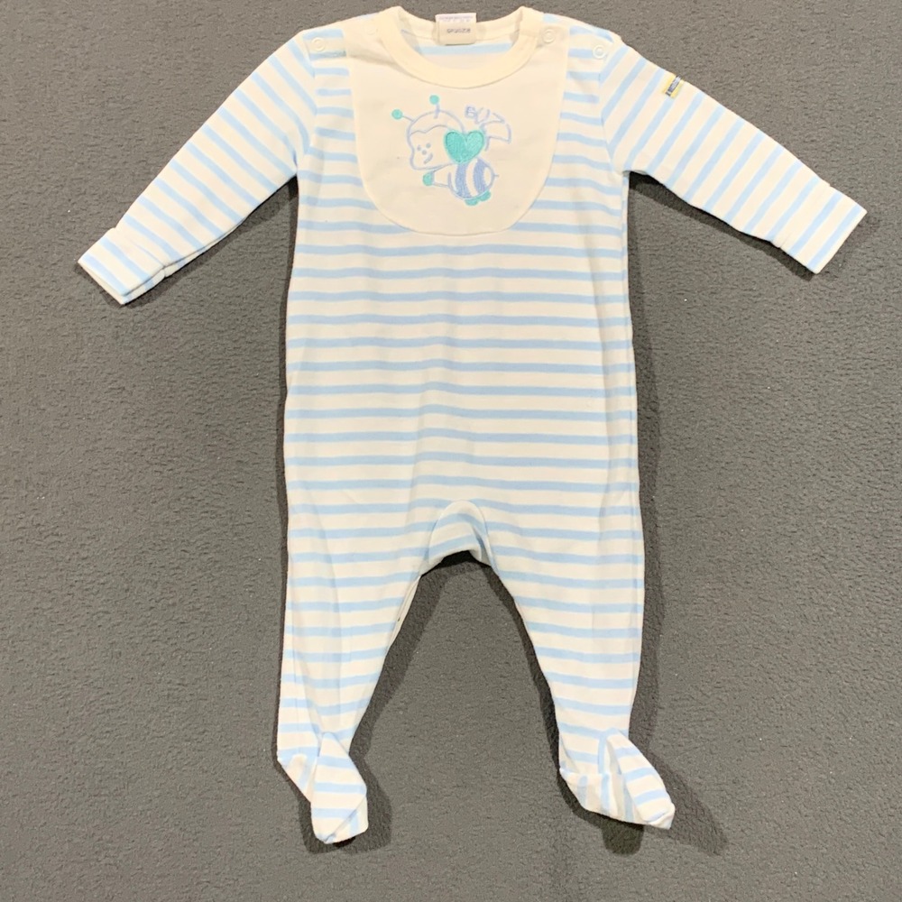 Footed Sleeper Baby Boy M 12-18 lbs Blue White Striped Bee Vintage USA Made
